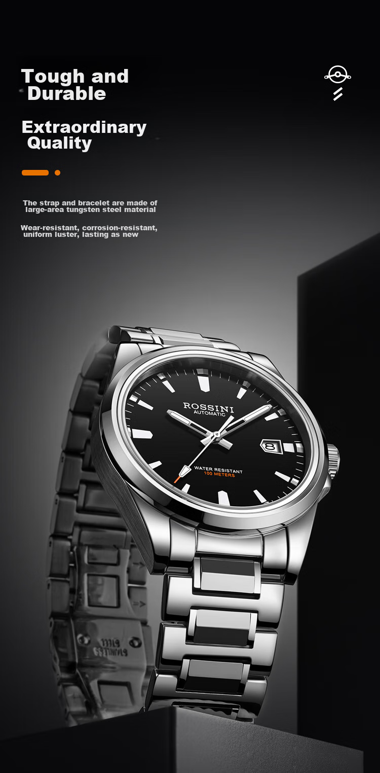ROSSINI Men's Mechanical Watch, Birthday Gift for Men, Luminous, Water-Resistant, Black Dial, Tungsten Steel Strap, 5240209 4