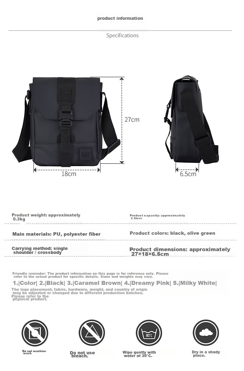 CAT Crossbody Bag, PU Casual Outdoor Messenger Bag, Sports Shoulder Bag, 11-Inch IPad Small Bag, Lightweight And Fashionable, Black, 84515 8