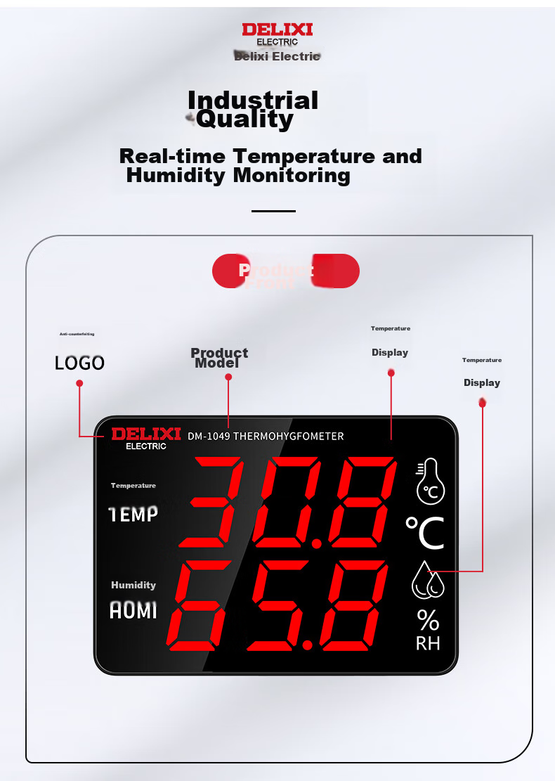 DELIXI ELECTRIC Industrial-Grade Indoor Temperature And Humidity Meter, Large Screen Electronic High-Precision Wall-Mounted Temperature And Humidity Display, Home Alarm 9