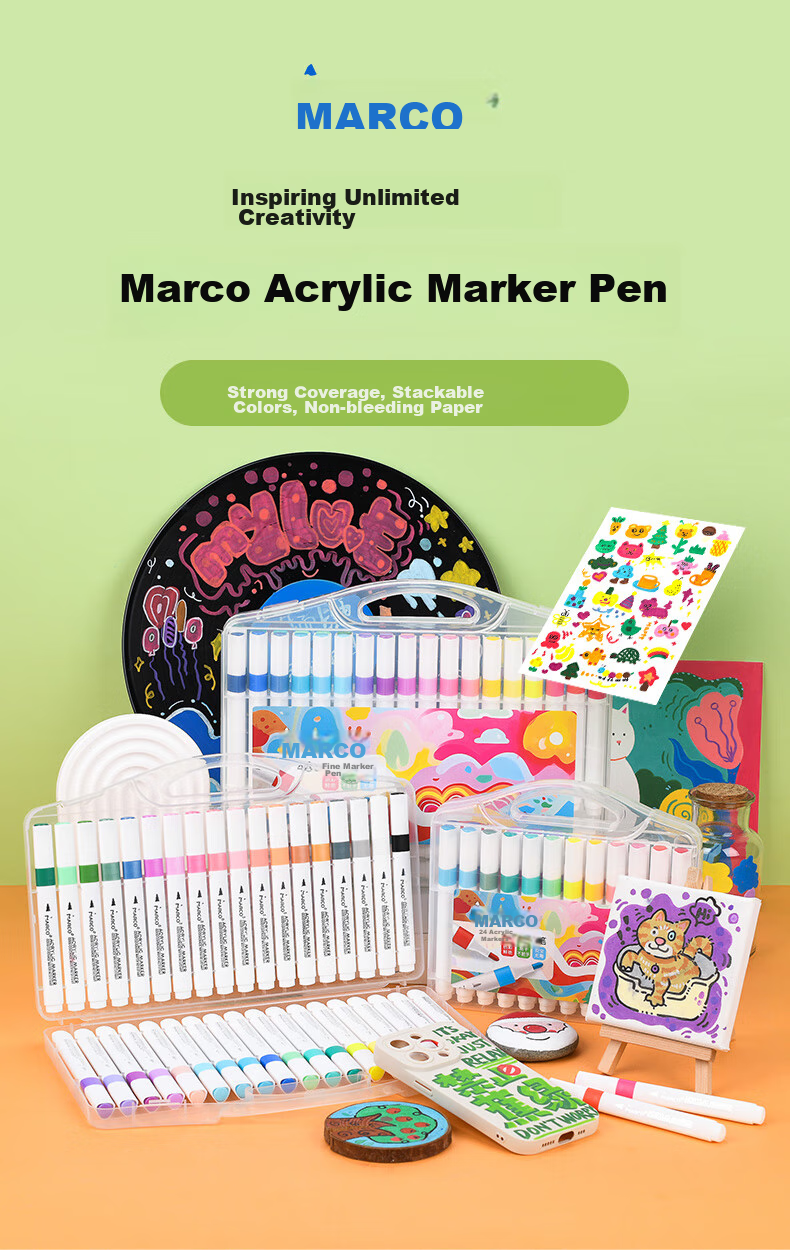 MARCO 24-Color Acrylic Markers, Waterproof Paint, Watercolor, Fluorescent Markers, for Children, Students, Kids, Parent-Child Drawing, Gift Box, Back-To Gift, Watercolor Pens, Art Educatio 1