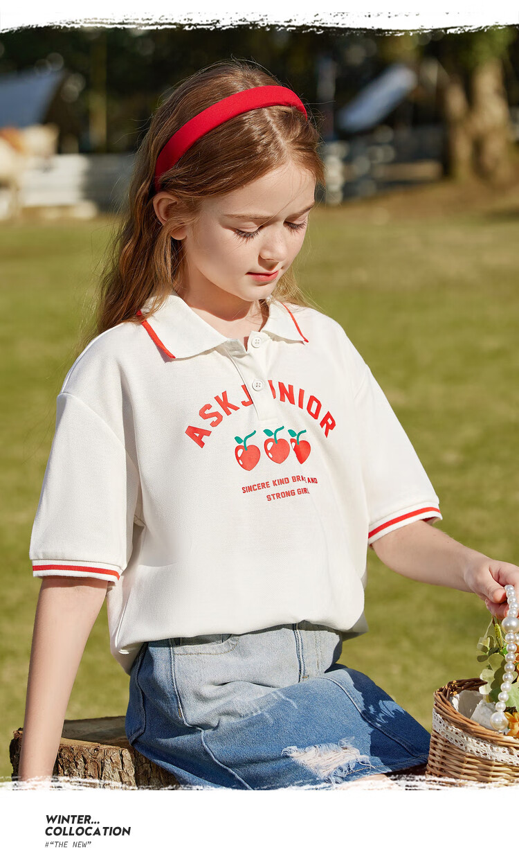 ASK JUNIOR Children's Clothing, Girls' T-Shirt, for Older Kids, Short-Sleeved Summer Wear, Sports Casual Breathable Polo Shirt, White, Size 120 5