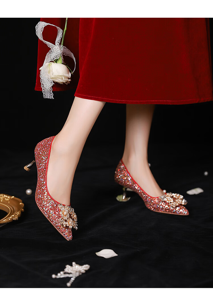 Josiny Elegant Wedding Shoes, High Heels for Women, Chinese-Style Wedding Shoes to Match Dresses, Qipao, Toasting without Fatigue, Red, Size 35 9