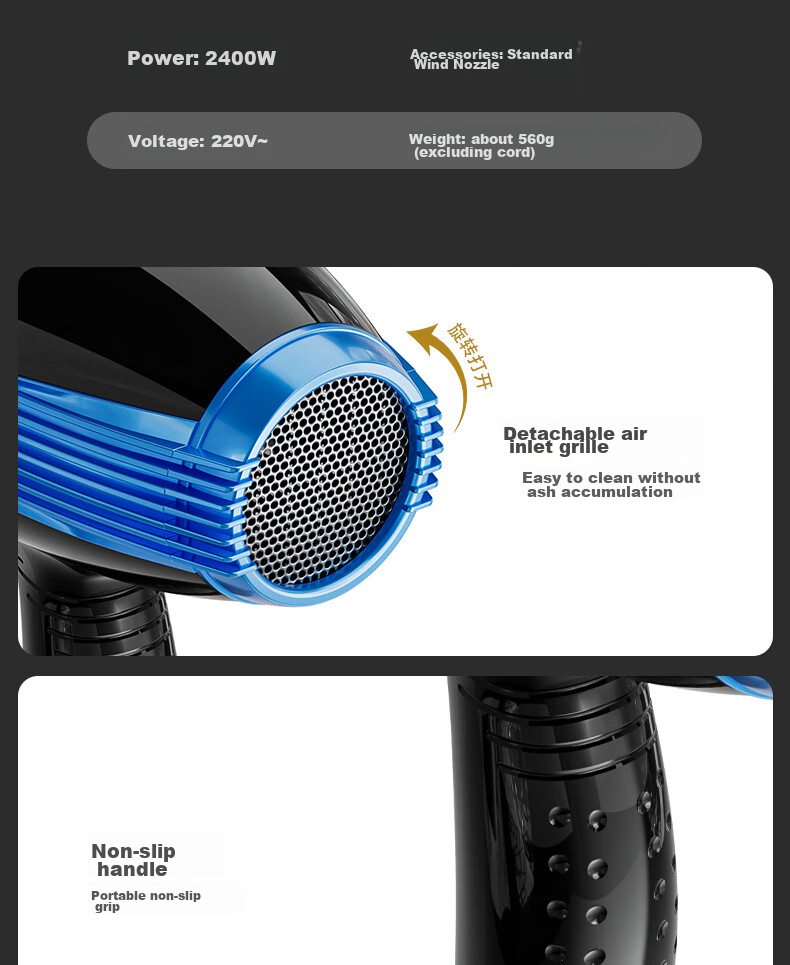 AUX Hair Dryer with Blue Light Negative Ions, 2400W High Power, Gentle on Hair, Electric Fan Blower for Home Use, Professional Salon Use 19