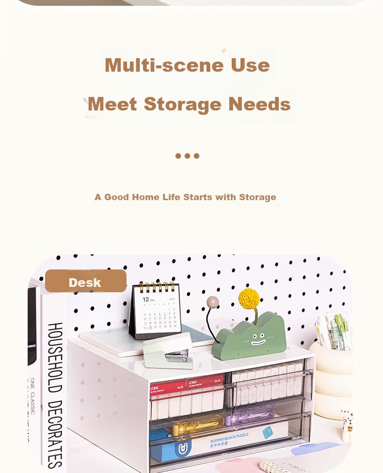 Deli Three-Compartment Desktop Storage Box, Drawer-Style Office Organizer, Multi-Layer Stackable Storage Container, Dorm Room Cosmetics Jewelry Miscellaneous Items Dustproof Organizer Box, White A5 Size PK122 9