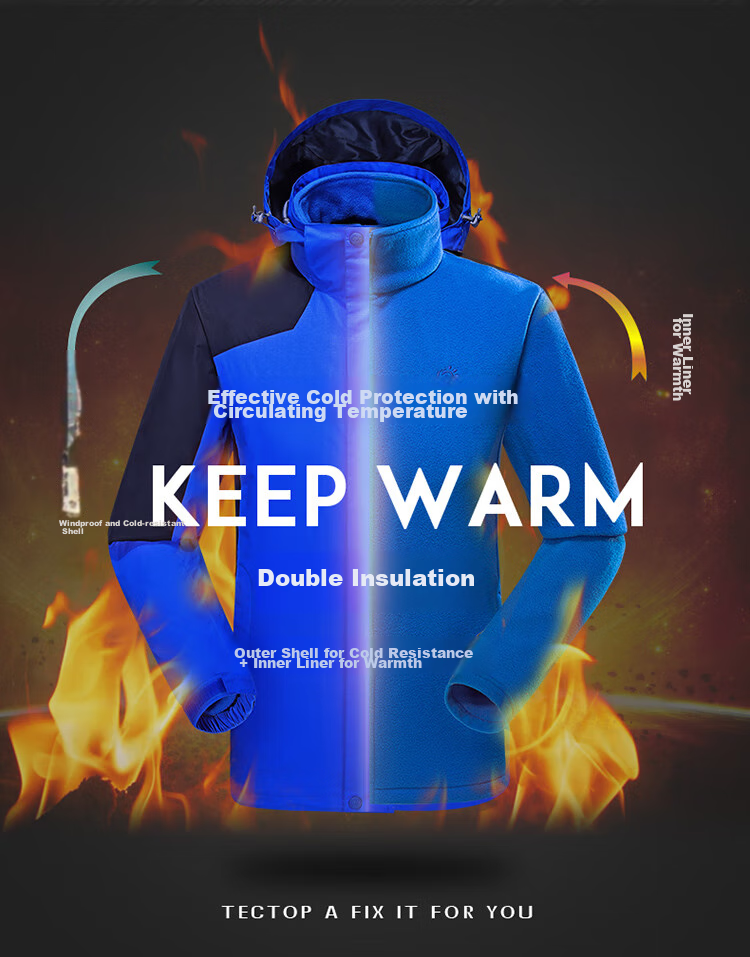 TECTOP 3-in-1 Two-Piece Men's Outdoor Jacket with Fleece Liner for Mountaineering and Skiing, Royal Blue, M 9