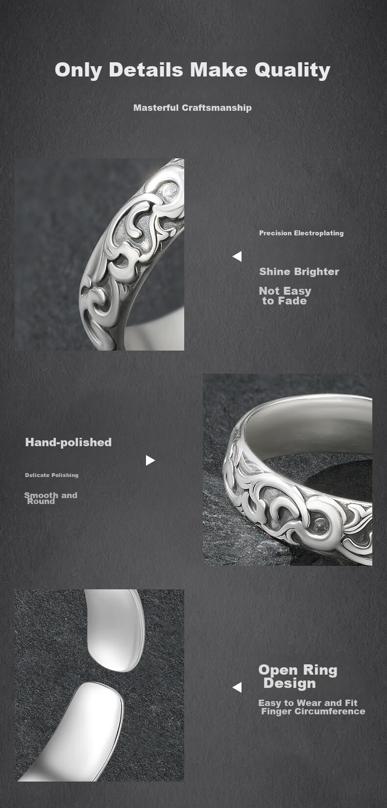 GLTEN Silver Ring for Men, Plain Band with Auspicious Cloud Design, Vintage Open Ring, Birthday Gift, Anniversary Present for Boyfriend Or Husband 7