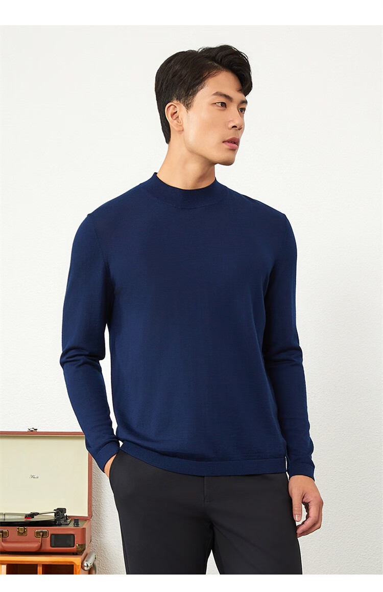 Goldlion Men's Wool Sweater, Spring And Autumn New Style, Simple Solid Color Knitted Inner Layer Top WLR0739-LK103, Navy Blue, M00 9