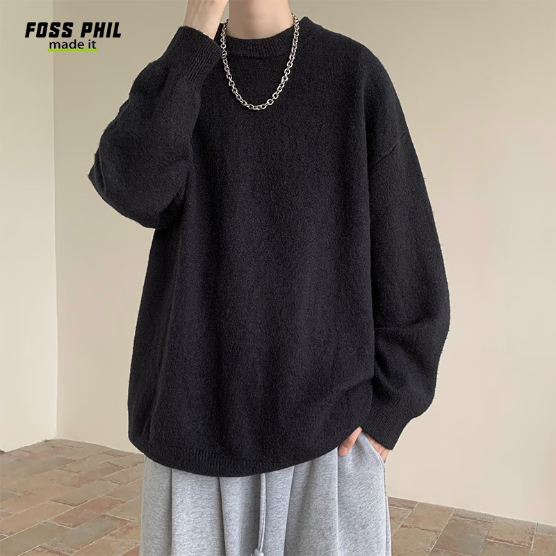 Свитер Foss Phil Crew Neck Sweater для мужчин и женщин, осенне-зимний, корейский стиль, лонгслив, повседневный, свободный, вязаный, базовый, MZ001, черный, 3XL