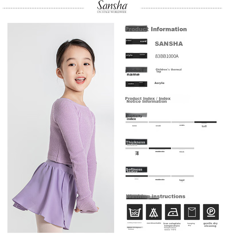 Sansha Children's Dance Practice Leotard, Long-Sleeve Ballet Knit Top Performance Costume, Light Purple, L-XL 2