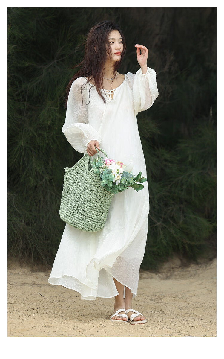 Dme [French-Style Dress] Romantic Elegant Fair-Complexion Easy Vacation Style Wrinkled Textured Dress for Wome 1