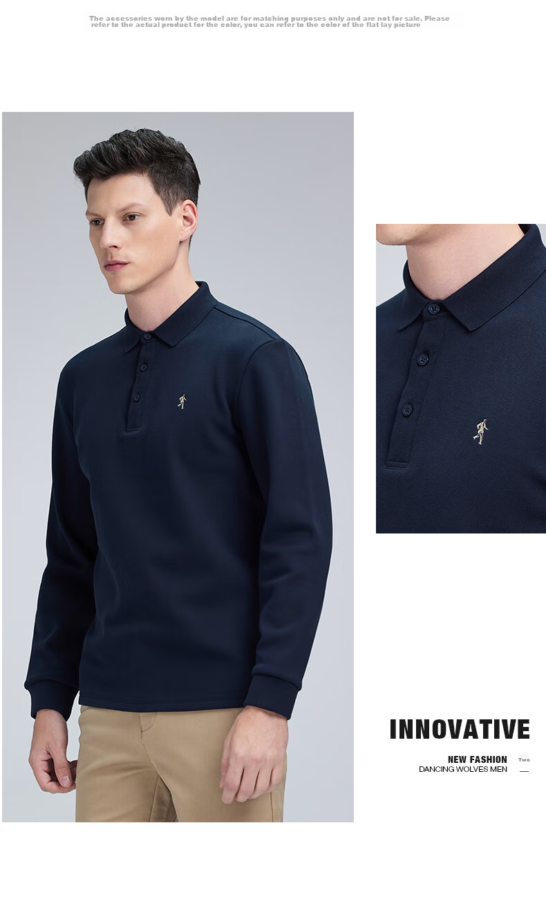 DANCING WOLVES [Fleece-Lined] Autumn And Winter Fashion Business Commute Versatile Men's Long-Sleeve POLO, 001 Black, Size 165 12