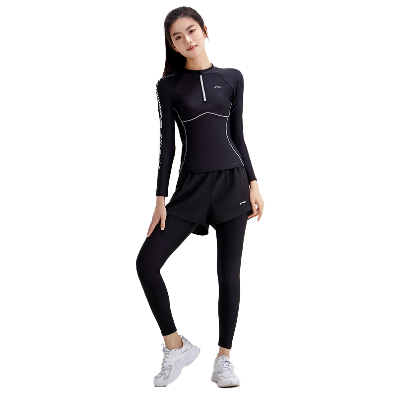 Li-Ning Women's Two-Piece Swimsuit with Long Sleeves And Pants, Diving And Surfing Suit, Hot Spring Equipment, Sun Protection Swimwear, 0522 Black L