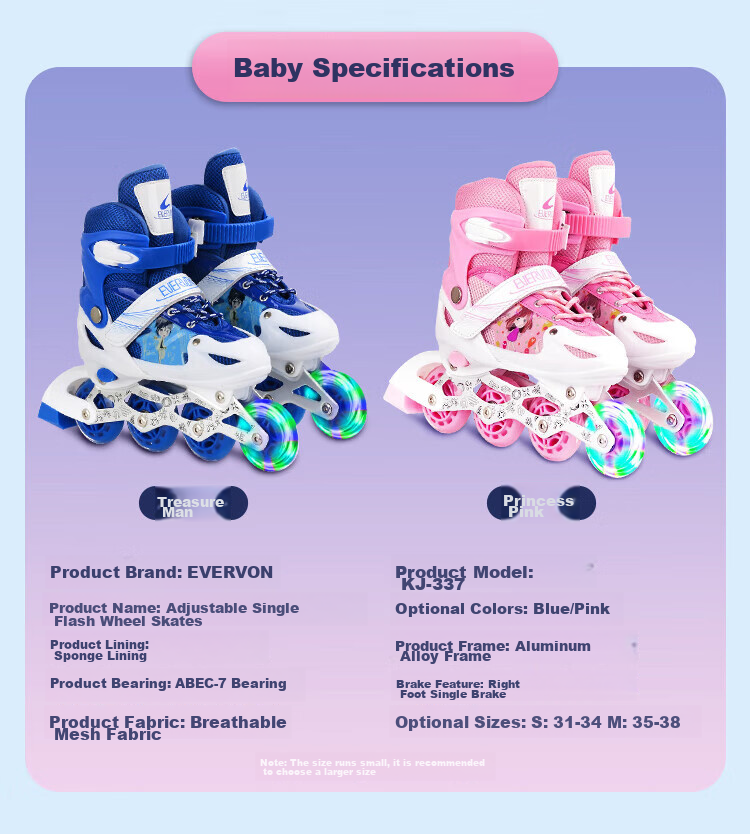 EVERVON Roller Skates for Children, Inline Skates with Full Lighting, EV388 Model with Helmet And Protective Gear, Purple, Size M (Suitable for Ages 6-12) 5