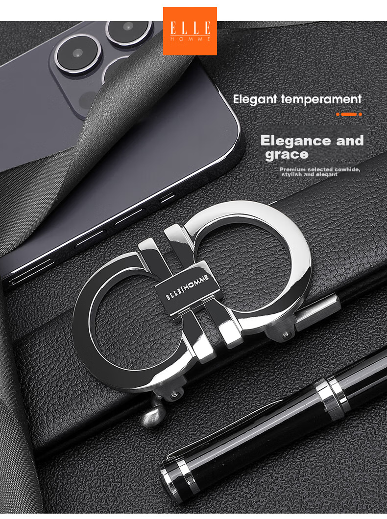 ELLE HOMME Men's Top-Grain Leather Belt, Luxury 304 Stainless Steel Buckle Automatic Waist Belt, Birthday Gift for Boyfriend 2