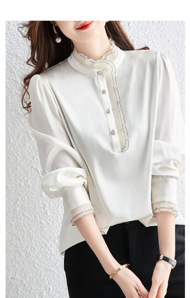 Dme [16 Mm Elastic Satin Mulberry Silk Blouse], Spring And Autumn Stand-Collar Puff Sleeve Women's Wear, Pure Silk Shirt for Wome 13