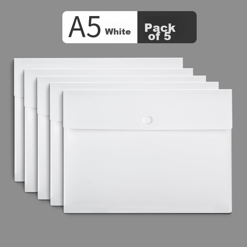 SUNWOOD A5 Button Closure Document Folder/briefcase/waterproof File Holder, Pack of 5, White, MC329