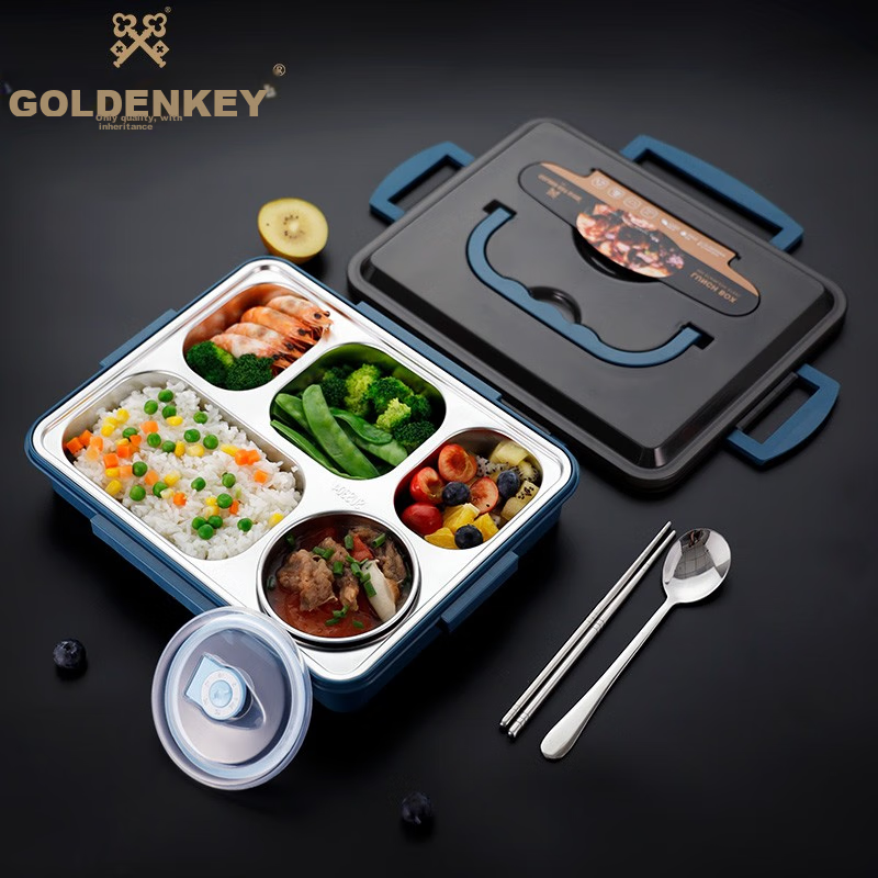 Golden Key 304 Stainless Steel Adult Large Five-Compartment Double-Layer Lunch Box, Insulated Heat-Resistant Bento Box, 2L Blue GK-540KC