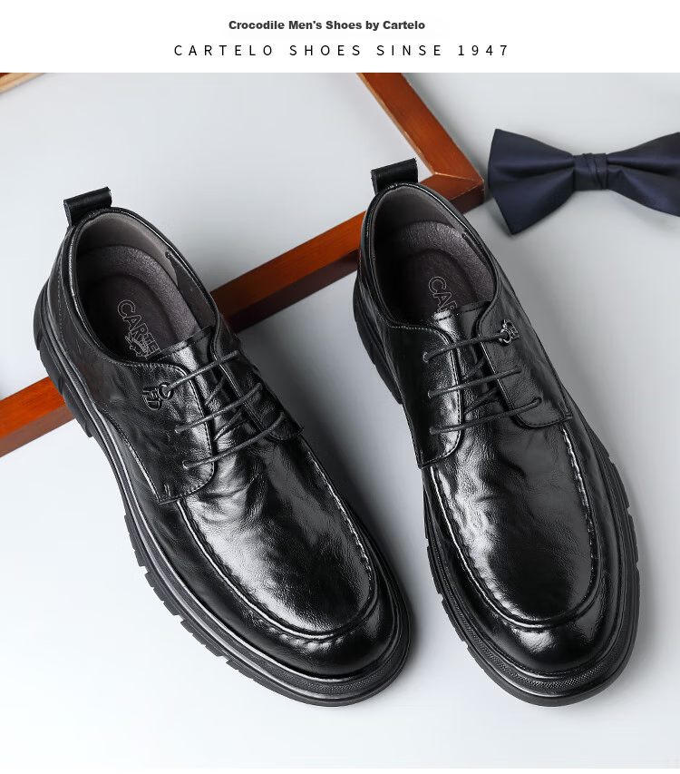 CARTELO British Men's Leather Shoes, Breathable Business Formal Shoes, Hand-Scratched Pattern Low-Top Thick-Soled Leather Shoes for Men, 9905 Black, Size 41 15