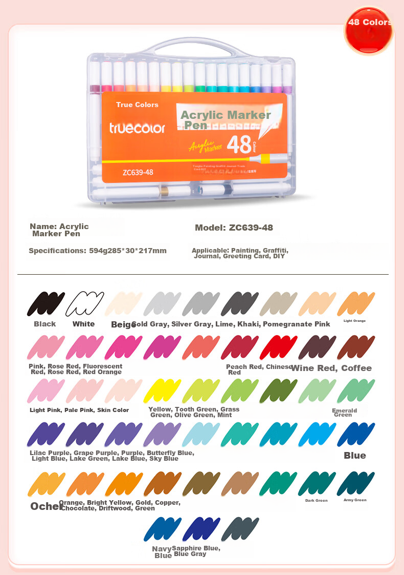 TRUECOLOR ZC639-60 Single-Head Water-Based Acrylic Marker, PP Box Packaging, Waterproof Quick-Drying, for Children And Students, Hand-Drawn Graffiti Painting, Watercolor Pen, Colored Drawing Brush 12