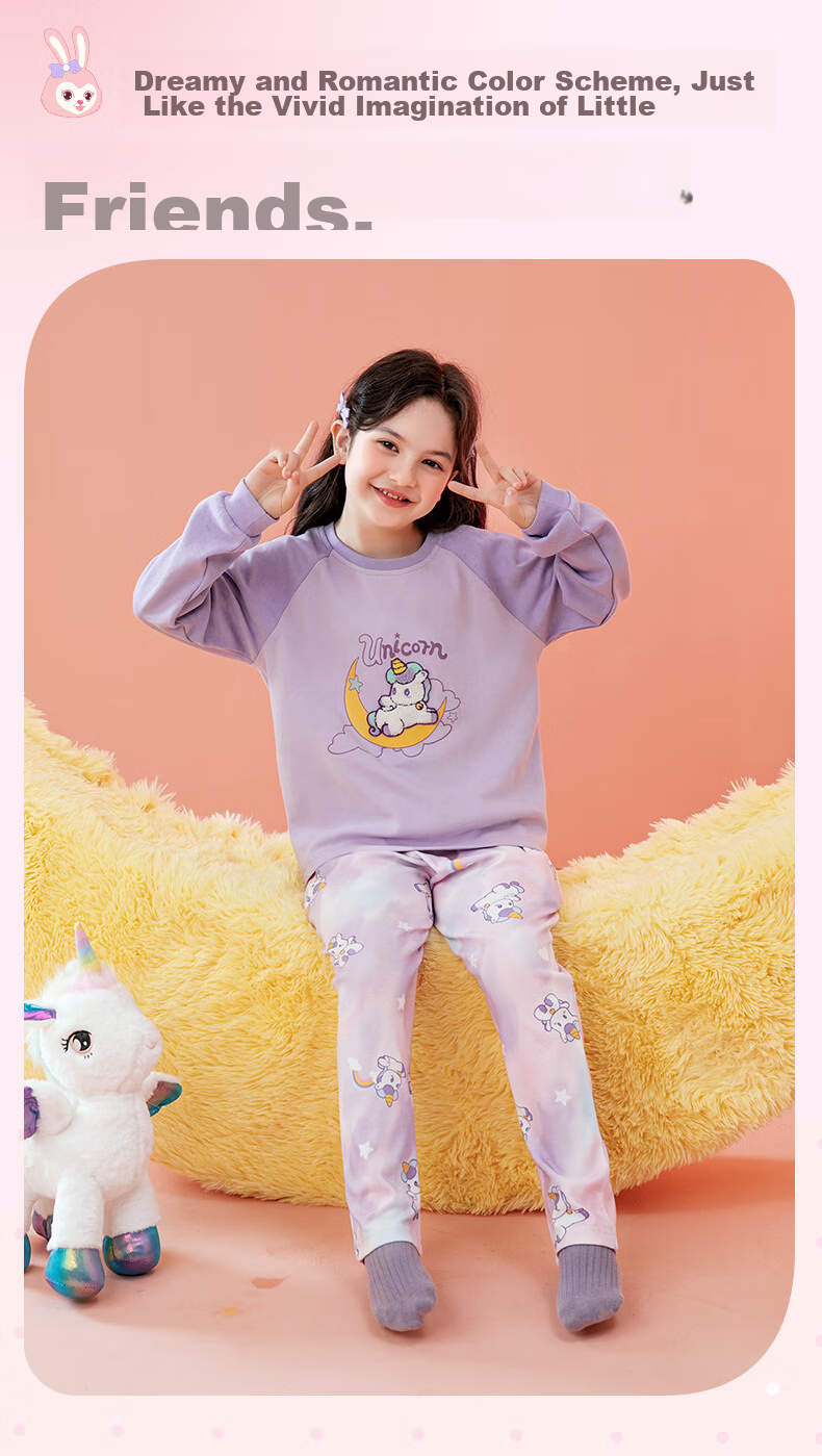 Fenteng Children's Pajamas, Girls' Pink Daisy Rabbit IP Early Spring Pure Cotton Raglan Sleeve Sleepwear for Older Childre 5
