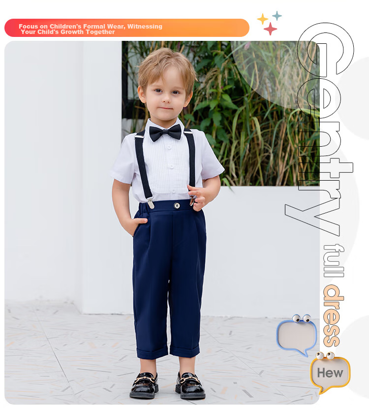 LUOBOBEIBEI Children's Suspender Pants Set Summer Style, Boys' Formal Wear for Hosts And Choruses, New Year's Outfit, Black Four-Piece Set, Size 120 1