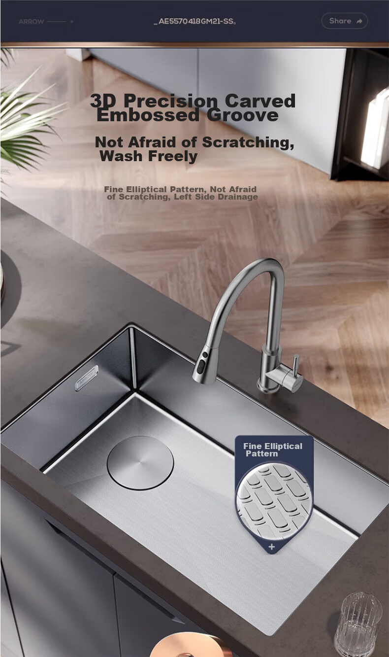 ARROW 304 Stainless Steel Kitchen Embossed Handmade Sink, Large Single Bowl Vegetable Washing Basin AE5570418GM21-SS 1