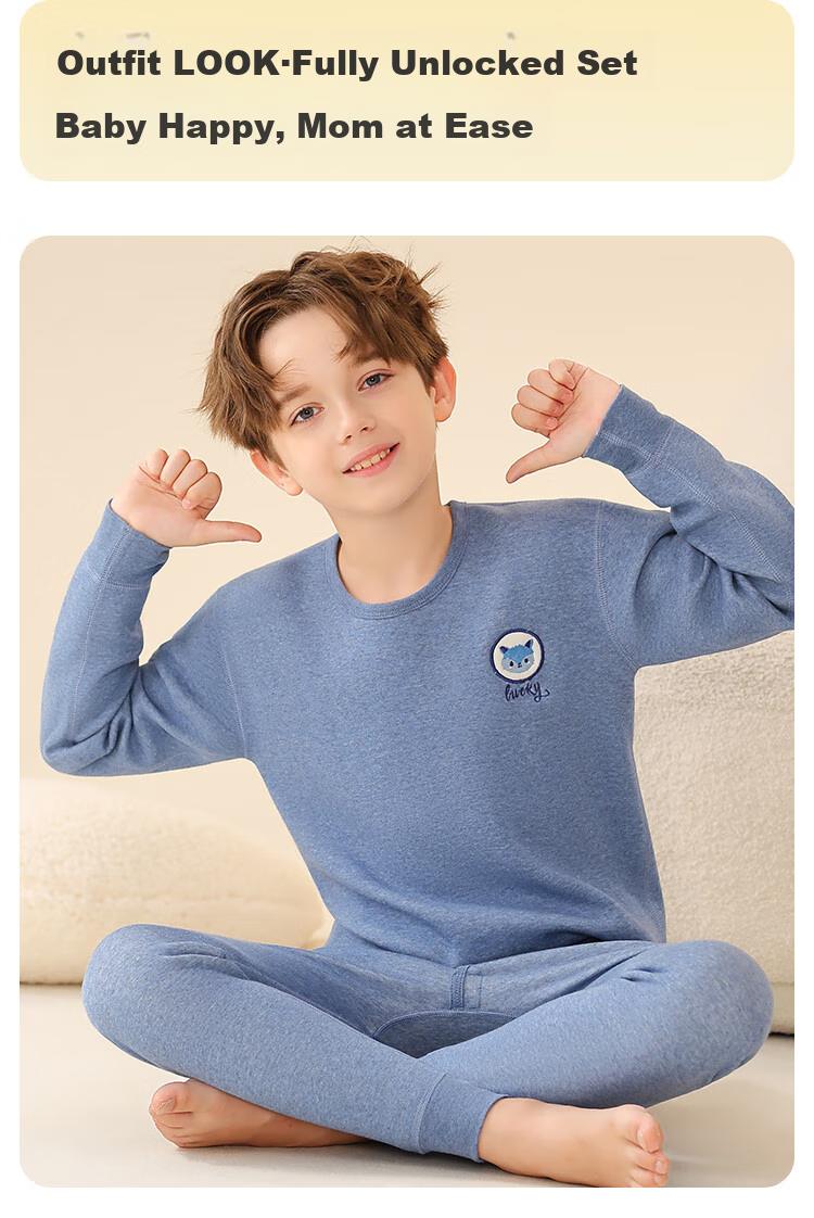 LangSha [Thickened School Uniform Essential] Children's Thermal Underwear, Boys' Three-Layer Padded Autumn Top And Pants, Pajama Set 15