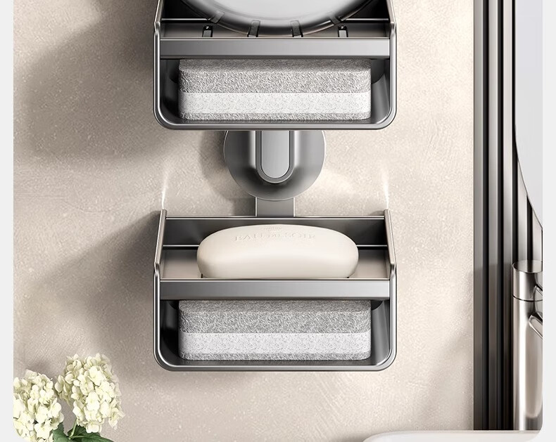 Baihan Suction Cup Soap Dish, No Drilling Required, Wall-Mounted, Bathroom Drainable, Non-Slip, ABS Carbon Steel, Baked Paint Finish 8