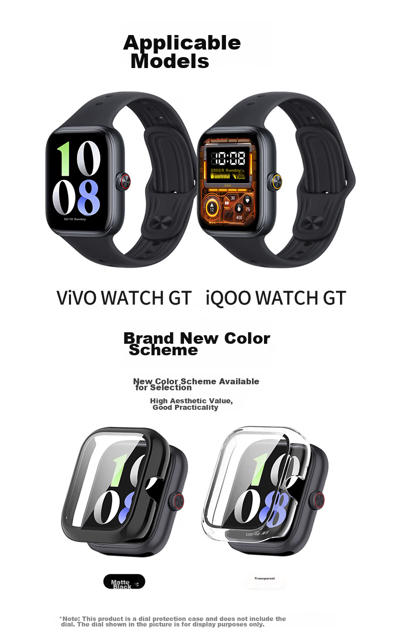 KMaxAI Protective Film And Case for Vivo/iQOO WATCH GT, Integrated Full Coverage, Watch Dial Screen Protector & Protective Cover, Anti-Fingerprint Hard Shell + Tempered Glass Film, Black 2