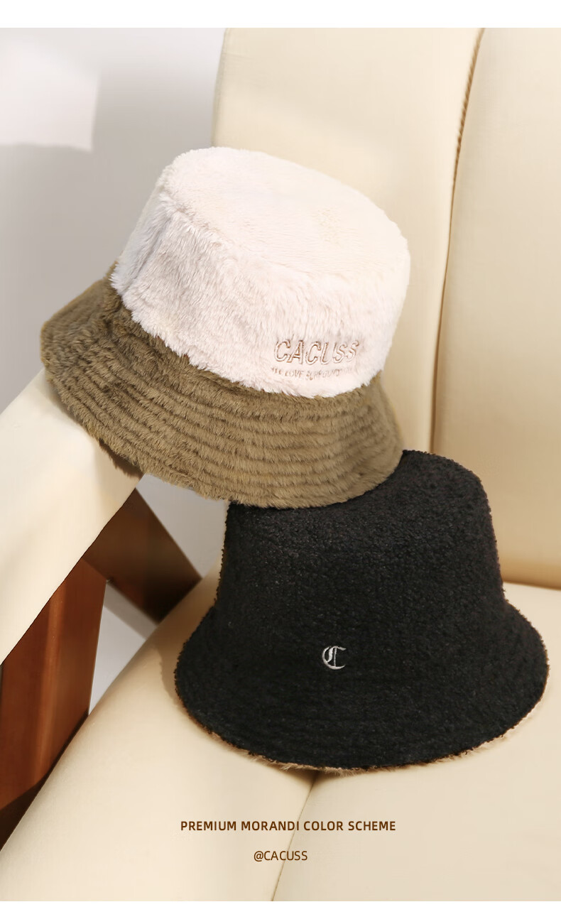CACUSS Women's Winter Warm Fisherman Hat, Large Head Circumference, Face-Slimming Bucket Hat, Retro Plaid Teddy Fleece Hat, Coffee Color 11