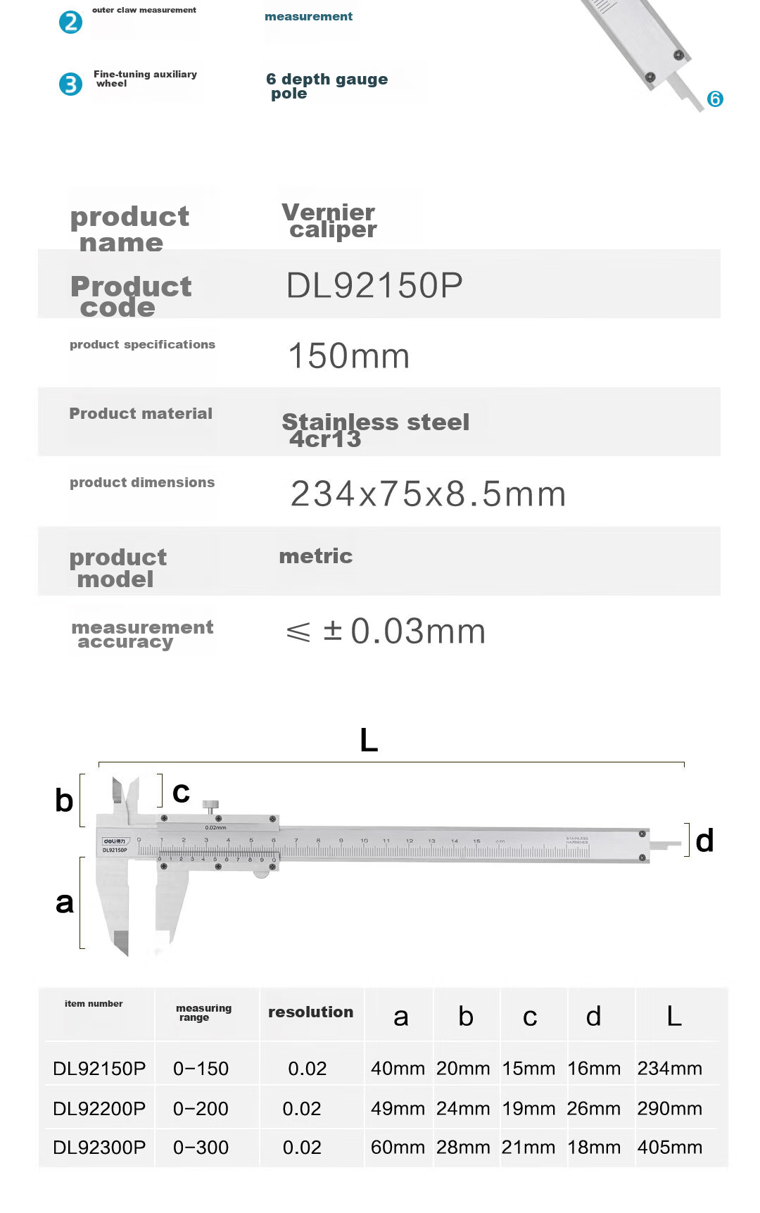 Deli Professional Precision Vernier Caliper High Accuracy Stainless Steel Mechanical Caliper 0-200mm Compliant with National Standards 14
