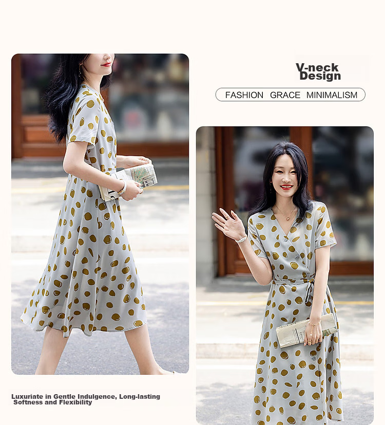 Dme [Waisted Tea-Length Dress], Summer V-Neck, Composite Silk Jacquard Yao Crepe Print, Flared Skirt, Button Decoration Dress 6