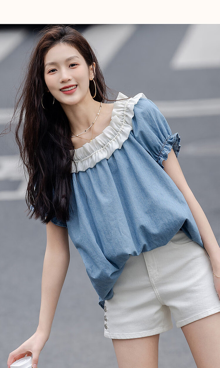 Dme [Gentle Healing] Summer Korean-Style Elastic One-Shoulder Round Neck Convertible Shirt, Slimming Denim Blouse Women's Top 13