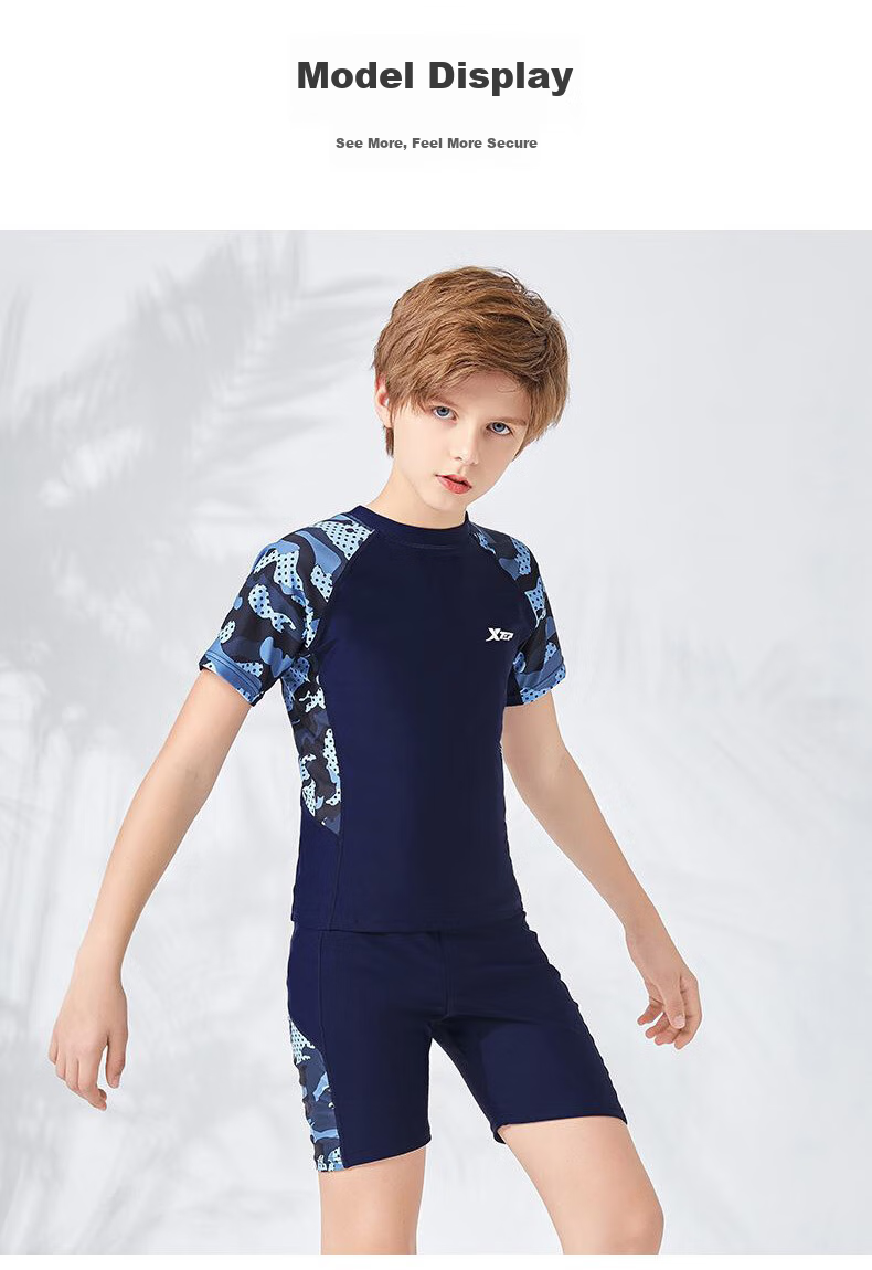 XTEP Children's Swimwear, Boys' Two-Piece Swimsuit, for Toddlers to Older Kids, Sports Swimming Gear, Colorful Blue, Size 130 9