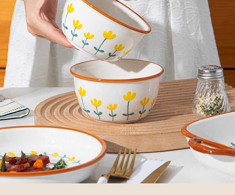 CERAMICS Underglaze Ceramic Bowl And Plate Dinnerware Set, Simple Home Dining Set with Rice Bowls, Plates, Chopsticks And Complete Tableware Set, Mountain Chrysanthemum Pattern, 8 Pieces 8