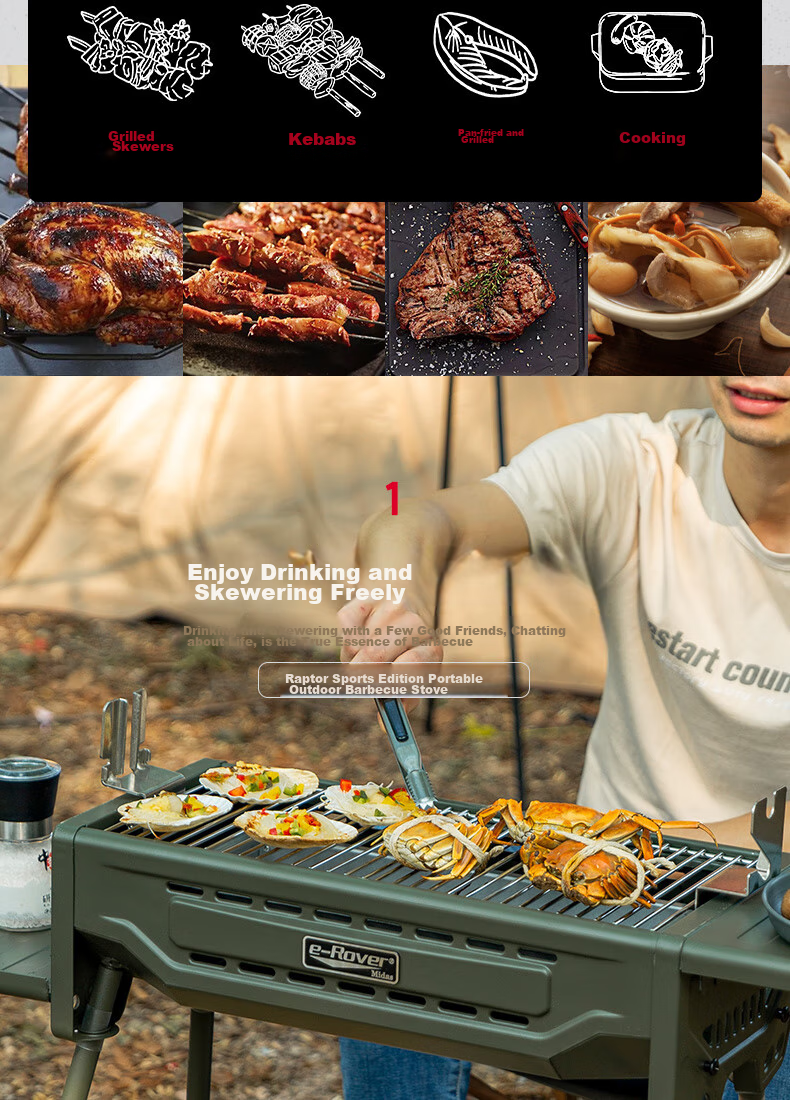 E-Rover Barbecue Grill, Outdoor Barbecue Equipment Charcoal Grill, Stainless Steel Barbecue Rack, Folding Barbecue Stove 5