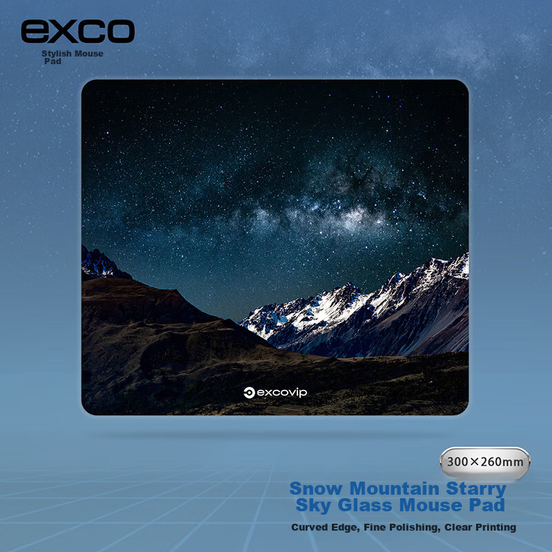 EXCO Glass Mouse Pad, E-Sports Gaming Professional Photovoltaic Mouse Pad, Hard Keyboard Desk Pad, Computer Office Laptop Large Size Mat 300*260mm, Snow Mountain Starry Sky 0161