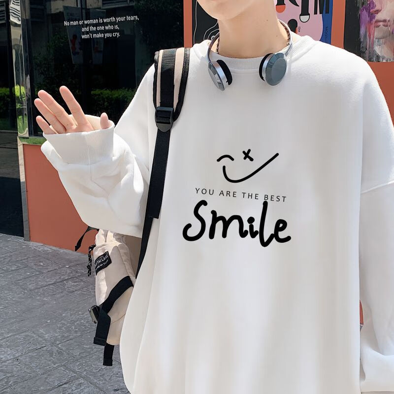 Foss Phil Men's Long-Sleeve Sweatshirt, Spring And Autumn Men's Clothing, Round Neck Top, Loose-Fitting Versatile Base Layer WY141 White M