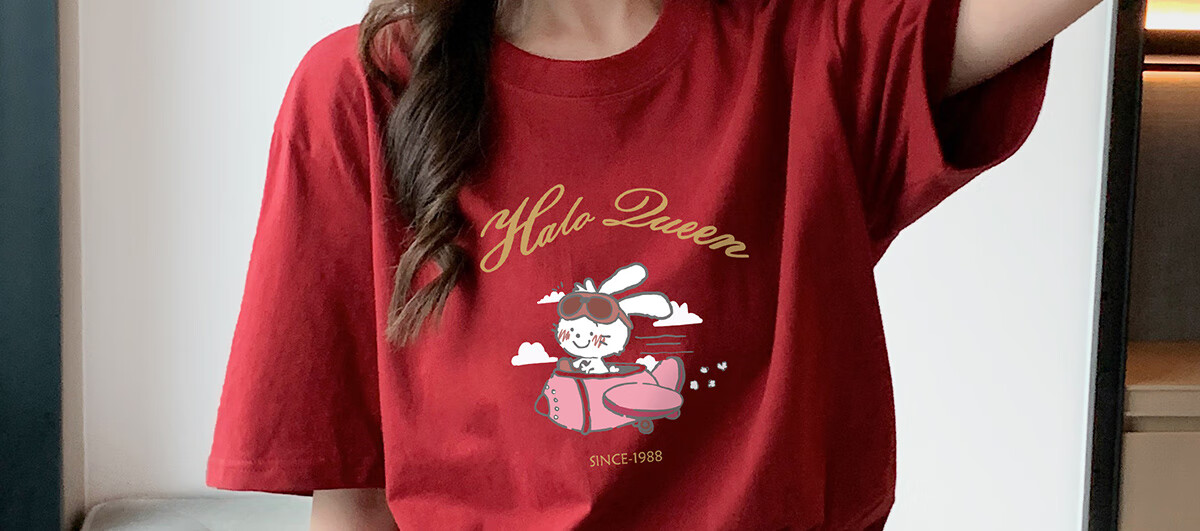Halo Queen Women's Summer Short-Sleeve Round Neck T-Shirt, Cute Rabbit Print T-Shirt, Loose-Fitting Slimming Top, Women's H143T1417 8