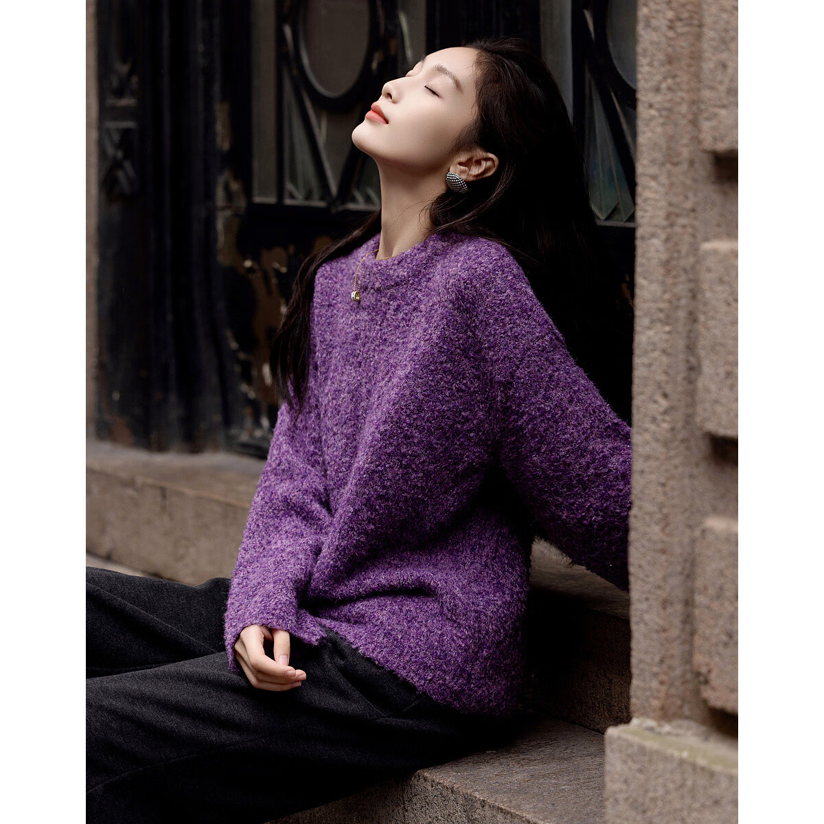 Dme Doudouba Duan Velvet-Textured Knit Sweater, Relaxed Loose-Fitting Knit Top for Women, Eggplant Purple, M