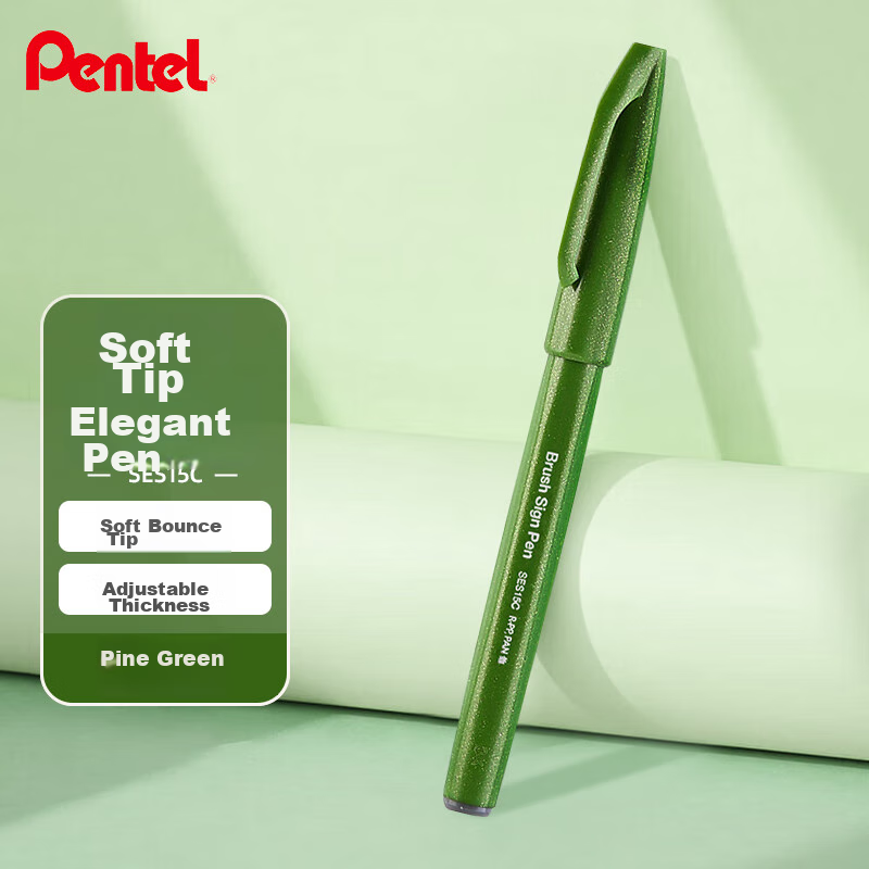Pentel Colorful Soft-Tip Gel Pen, Elastic Tip Water-Based Pen Touch for Journaling, Letters And Cards, SES15C Pine Gree