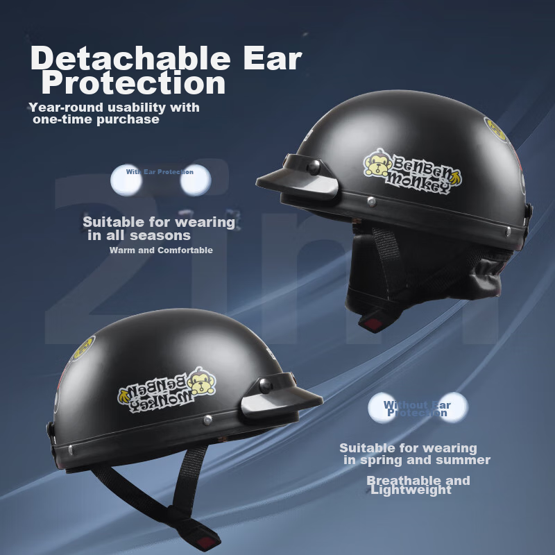 AD New National Standard Class A Electric Vehicle Helmet, 3C Certified National Standard, for Men And Women, Summer Sun Protection, Electric Scooter Safety Helmet, Men's Style, All-Season Half Helmet, Cute Harley Helmet HL-01 Matte Black Monkey Desig