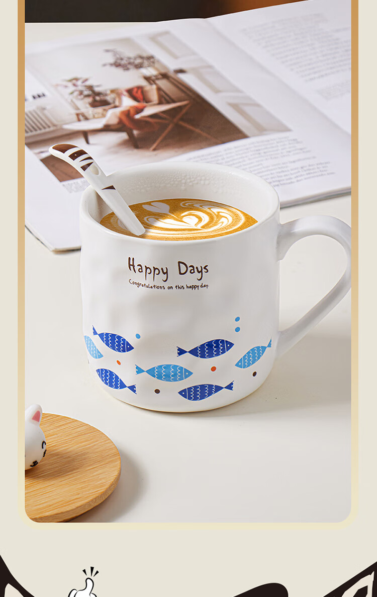 BJ White Mug, Breakfast Children's Water Cup, Ceramic Mug with Lid, Large Capacity Milk Cup, Coffee Cup, Couple's Mug 3