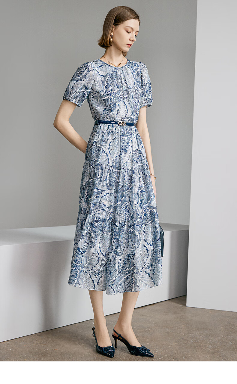 Yanyu Printed Short Sleeve Dress Women's 2026 Summer Retro Commuter Mid-Length Round Neck Dress Blue Floral S 12