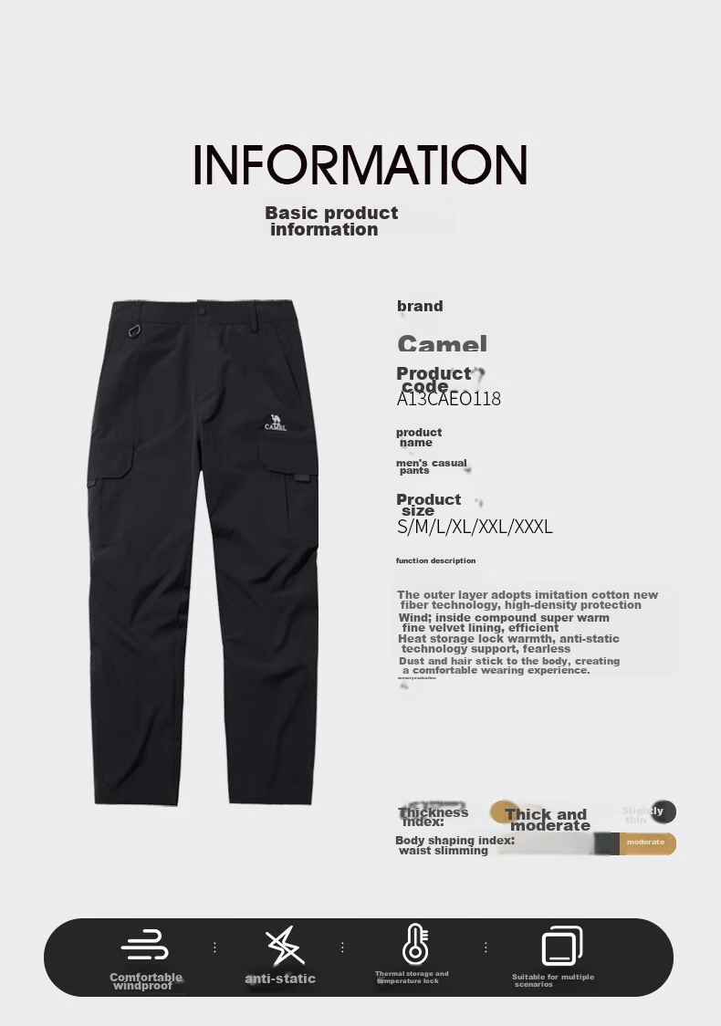CAMEL Men's Casual Pants, Fleece-Lined Straight-Leg Cargo Pants, Fashionable Versatile Functional Trousers A13CAEO118 7