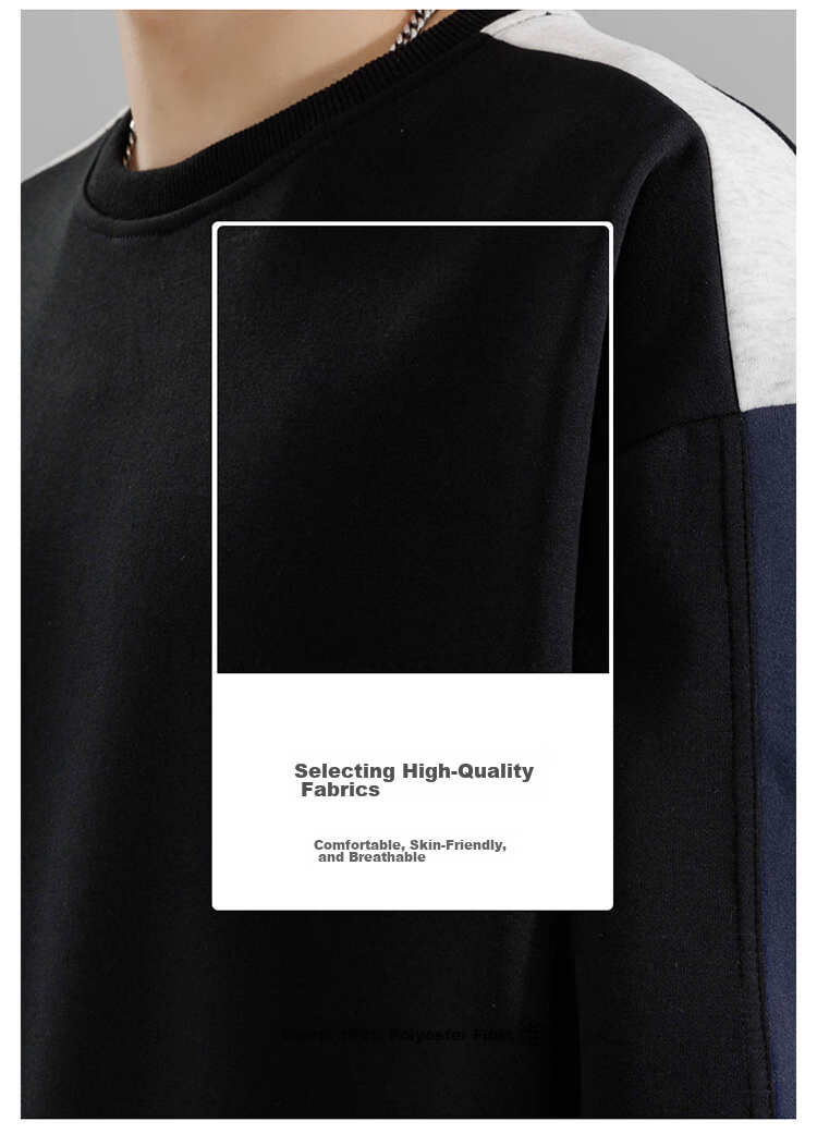 Foss Phil Crew Neck Sweatshirt for Men, Spring And Autumn Loose Casual Patchwork Color-Block Trendy T-Shirt Top 8883 Black M 4