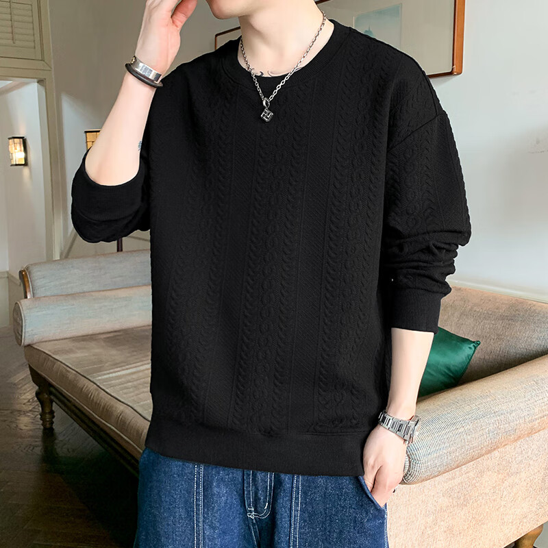 Dingfengbaoluo Men's Long-Sleeve T-Shirt, Spring Versatile Fashion Jacquard Sweatshirt, Loose Trendy Top, JE2221 Black 4XL