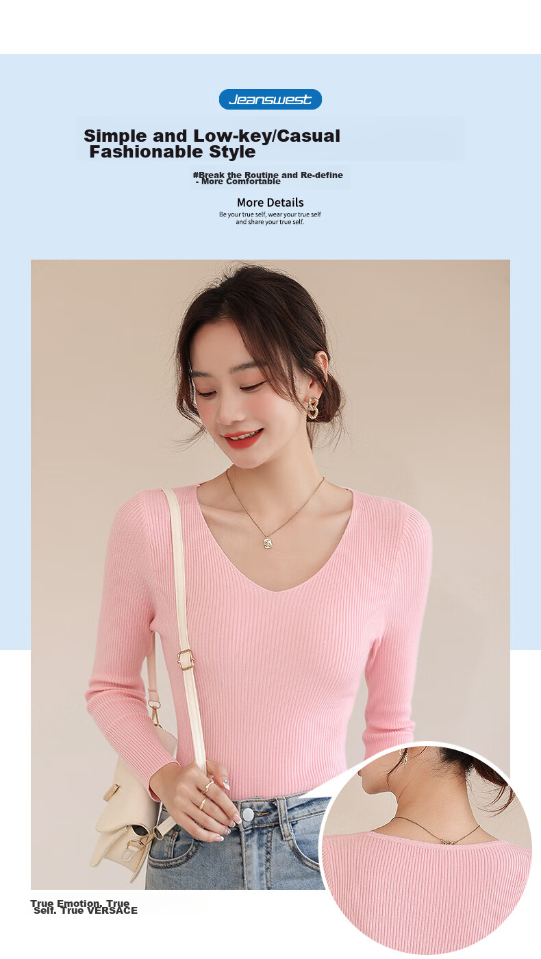 Jeanswest Women's Knit Sweater, Spring And Summer 2026, Slim Fit V-Neck Long Sleeve Base Layer Knit Top, Inner Wear, Blue, One Size Fits All 2