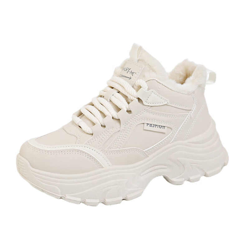CARTELO Women's Fleece-Lined Dad Sneakers Winter Warm Casual Cotton High-Top Shoes 1544M Beige Size 35 12