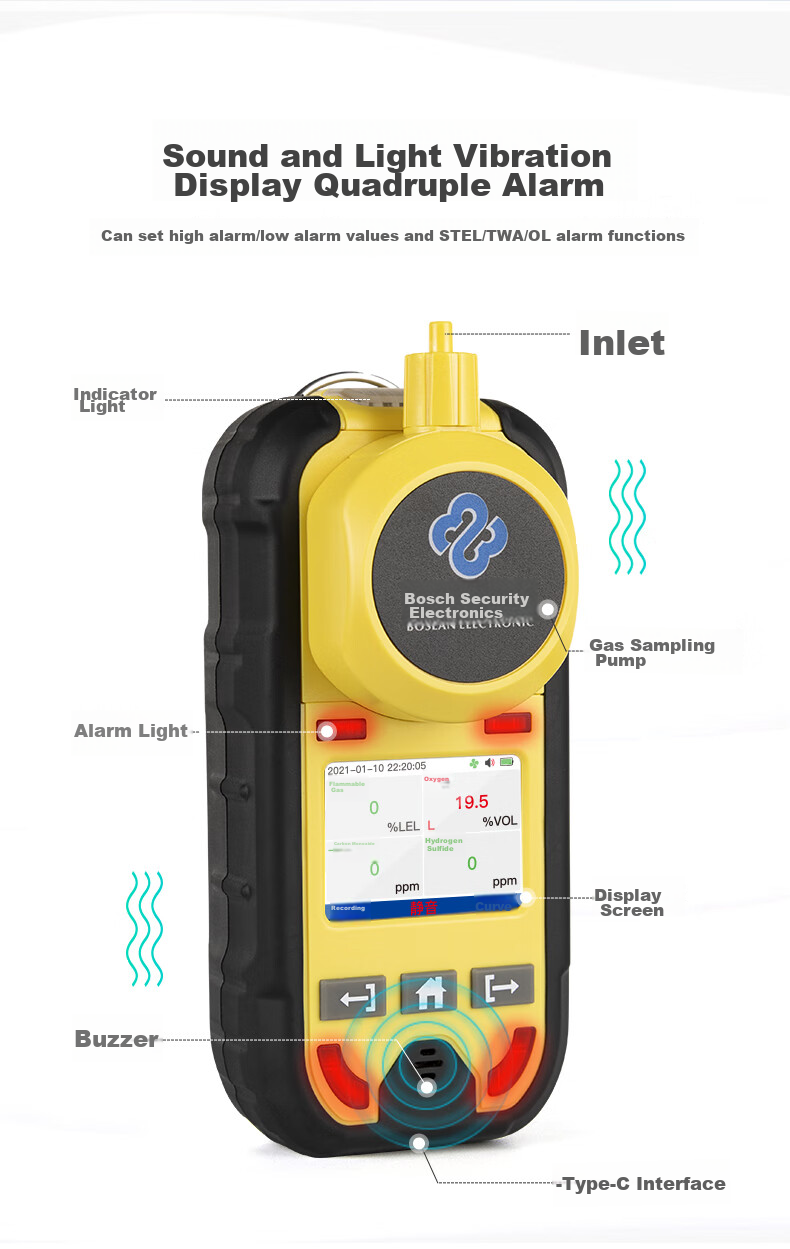 BAOSHIAN Portable Pump Gas Detector, Four-In Toxic Harmful Gases, Combustible Gas, Oxygen, Carbon Monoxide, Hydrogen Sulfide 10